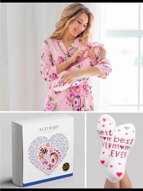 Eco BabyTurquoise Floral Robe/Swaddle Set: Robe,Blanket,hair bow, and socks